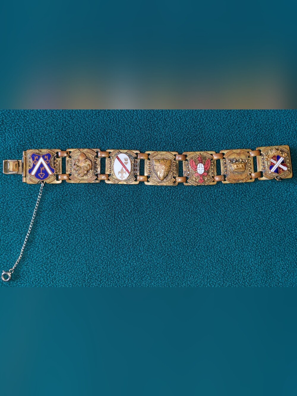 Vintage French Heraldic Coat Of Arms Brass Enamel Panel Bracelet Paris 1940's